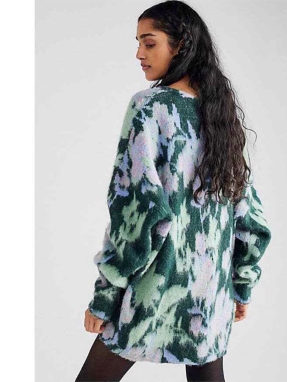 Free People Primrose Floral Tunic Sweater Oversized V-Neck Fuzzy Boho Women’s L - Picture 6 of 10
